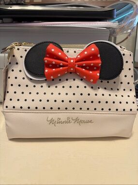 Disney Cream and Black Polka Dot Minnie Cosmetic Pouch with Red Bow